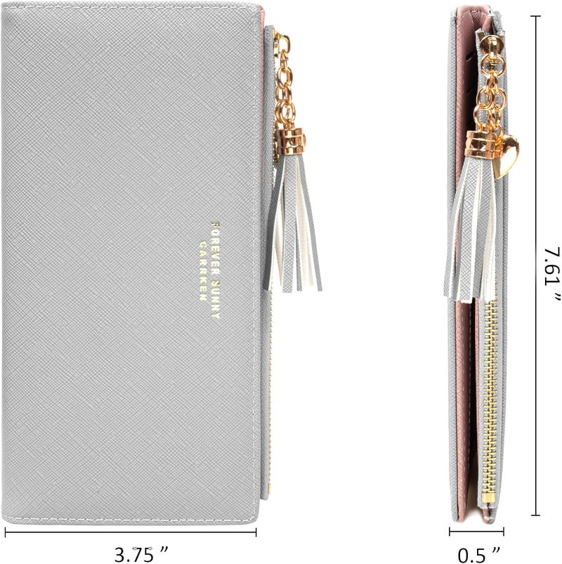 KOTORA Womens Slim Wallet Girls Thin Wallets Pretty Mini Long Card Holder Small Tiny Clutch Zip Purse Love Pendant Tassels Billfold (Grey) - Image 3